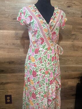 Walker & Wade Floral Wrap Dress in Pink, Green and Yellow summer sun adjustable